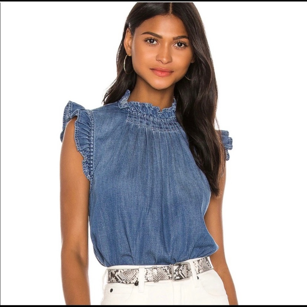 FRAME Ruffle-Trimmed Denim Top - Picture 5 of 7